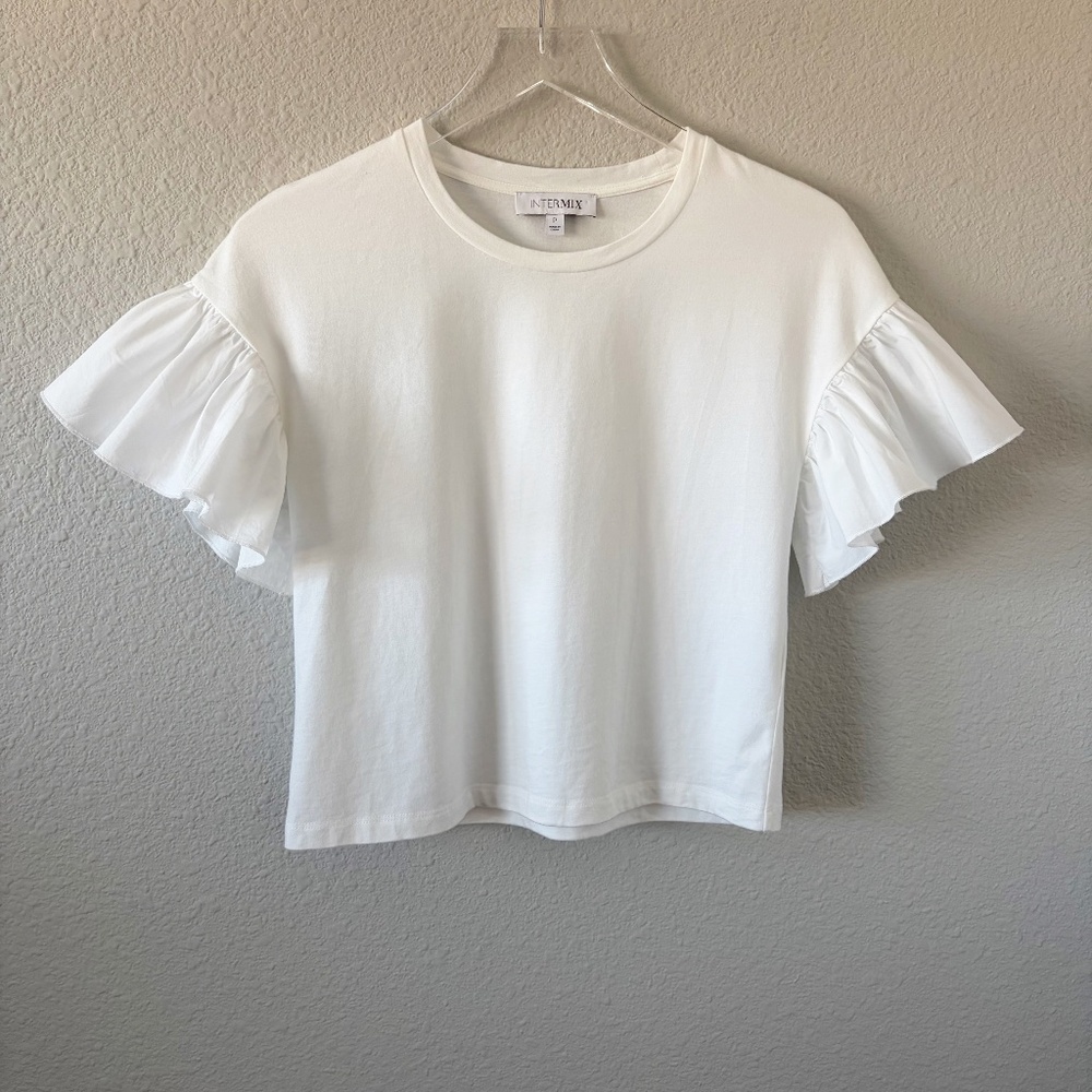 Intermix Boxy Ruffle Sleeve White Cropped Tee Top S 100% Cotton Casual Preppy
